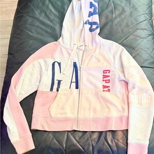 GAP Pink and Gray Retro Zip-Up Hoodie Logo Cropped. Size M.